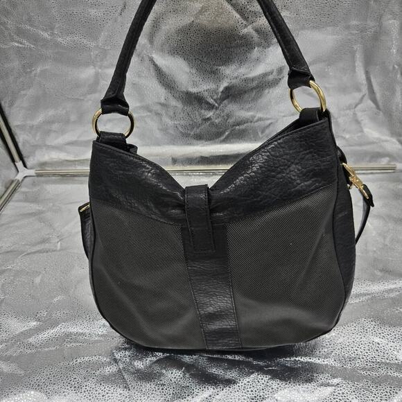 NEW Kate Landry Large Black Gold Canvas & Leather Hobo Shoulder Bag - Picture 5 of 11